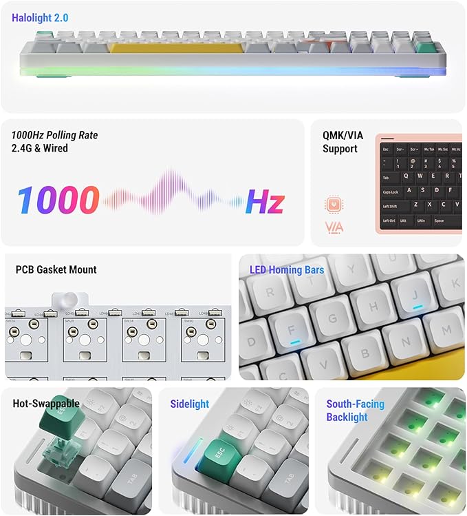 nuphy Halo96 V2 Wireless Keyboard,Gasket Structure,96% Hot Swappable Gaming Keyboard, 99 Kyes RGB Backlit Mechanical Keyboard, Support QMK/VIA,Bluetooth/USB-C/2.4GHz-Blue,Lemon Switches (55gf)