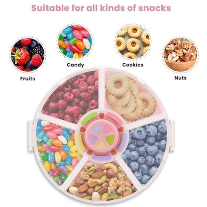 Snack Rotator Container Reusable Snack Box with 5 Compartment Dispenser and Lid, Color Matching Opening Lid, BPA and PVC Free, for Home, School, Travel (1 Pack- Pink)