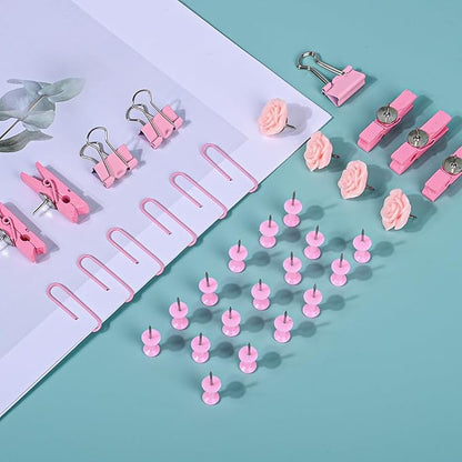Pink Desk Accessories,220PCS Paper Clips and Binder Clips Small with Decorative Push Pins Cips for School Home Office Aesthetic Desk Accessories