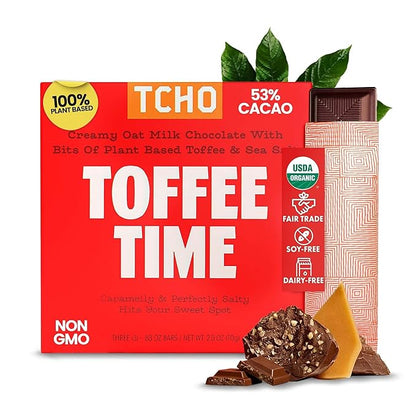 TCHO Toffee Time 53% Oat Milk Chocolate Bars (5 pack) | Plant Based, Organic & Fair Trade, | Non GMO, Non-Dairy, Vegan Chocolate, Soy Free (2.5oz each)