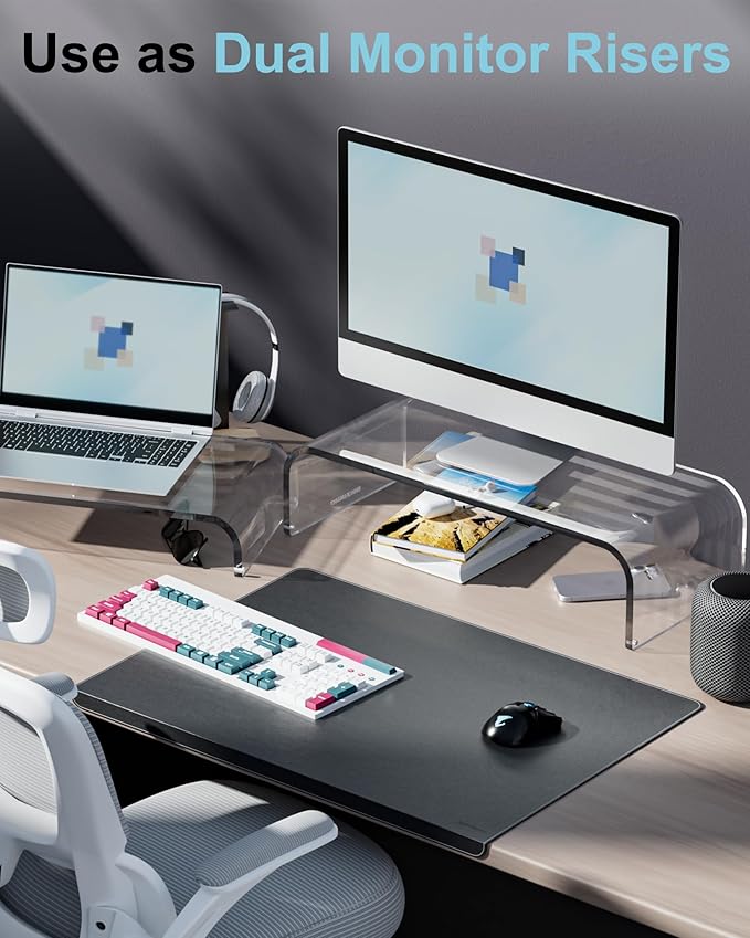 Acrylic Dual Monitor Stand Riser 2 Tier, Modular Laptop Stand for Desk, Multifunctional Desktop Organizer Shelf for PC, iMac, Printer, Detachable Monitor Stand for Office or Home, Clear