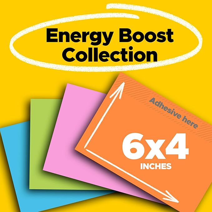 Post-it Super Sticky Notes, 8 Sticky Note Pads, 6 x 4 in., School Supplies, Office Products, Sticky Notes for Vertical Surfaces, Monitors, Walls and Windows, Energy Boost Collection