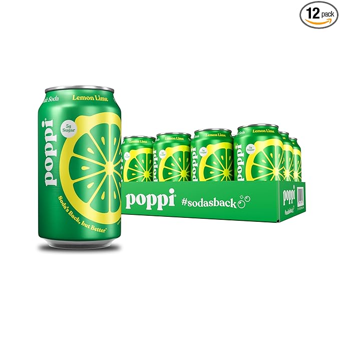 Poppi Sparkling Prebiotic Soda Beverage with Apple Cider Vinegar, Seltzer Water and Fruit Juice, Lemon Lime Flavor, 12 Fl Oz, Pack of 12, Packaging May Vary