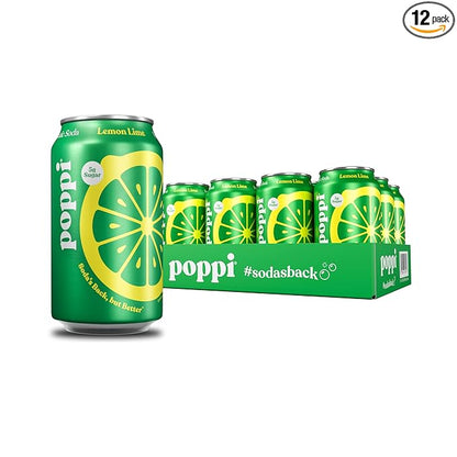 Poppi Sparkling Prebiotic Soda Beverage with Apple Cider Vinegar, Seltzer Water and Fruit Juice, Lemon Lime Flavor, 12 Fl Oz, Pack of 12, Packaging May Vary