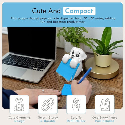 Resin Made Cute Sticky Note Holder for Desk | Happy Dog Face Pop Up Post it Note Dispenser with Blue Sticky Notes | Pop Up Sticky Notes Dispenser for Office Holds 3" x 3" Notes for School