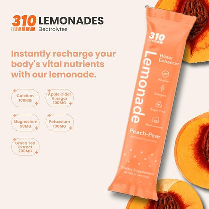 310 Nutrition Sugar-Free Lemonade Water Flavoring Packets, Peach Pear Hydration Powder with Alkalizing Minerals, Low-Calorie Water Enhancer for Energy & Refreshment, 30 Singles, Made in The USA