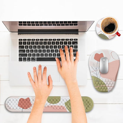 Ergonomic Mouse Pad and Keyboard Wrist Rest with Massage Design, Space-Saving Mouse Pad Wrist Support, Memory Foam Wrist Rest with Non-Slip PU Base for Computer Desk, Rose