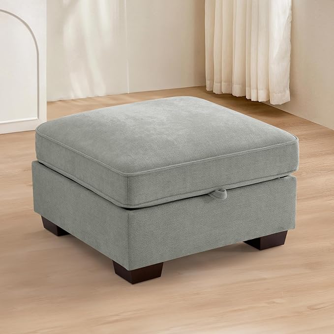 TEKAMON 27.5" Storage Ottoman, Square Footrest with Sponge Padded Seat, Chenille Fabric Step Stool for Sofa, Bedroom, Living Room, Entryway, Modern Change Shoes Stool, Wood Legs, (Light Grey)