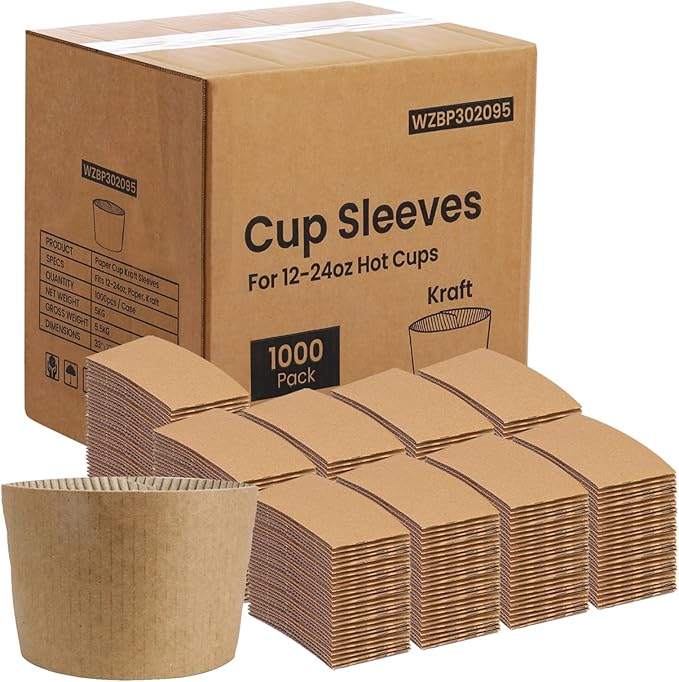 FMP Brands [1000 Pack] Kraft Coffee Cup Sleeves Disposable for Hot Drinks, Durable Corrugated Cardboard Cup Sleeves for 12-24 oz Cups, Beverage Insulator and Hand Protection for Hot & Cold Drinks