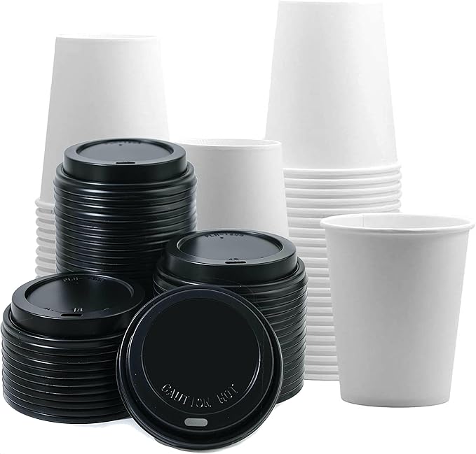 400 sets Disposable White Paper Cups with Black Lids Coffee Cups with Lids (10oz)