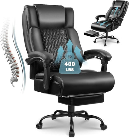 Big and Tall Office Chair with Foot Rest 400lbs, Heavy Duty Executive Leather Office Chair for Heavy People, Comfy High Back Ergonomic Office Desk Chair with Footrest and Lumbar Support, Black
