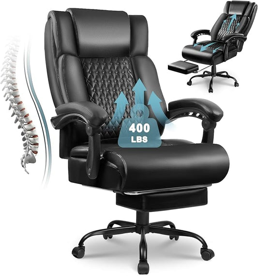 Big and Tall Office Chair with Foot Rest 400lbs, Heavy Duty Executive Leather Office Chair for Heavy People, Comfy High Back Ergonomic Office Desk Chair with Footrest and Lumbar Support, Black