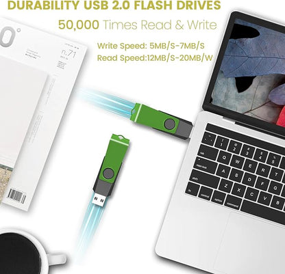 2GB USB Flash Drive 20 Pack AGECASH USB 2.0 Thumb Flash Drives Bulk Green Swivel 2GB Memory Stick Zip Jump Drive Multipack Pendrive with Labels & Lanyards