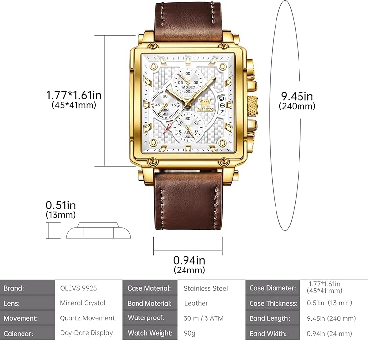 OLEVS Men's Chronograph Leather Watch, Big Face Easy to Read Analog Quartz Dress Watch, Casual Waterproof Luminous Hands Date Watches for Men, White/Blue/Black/Gold Dial