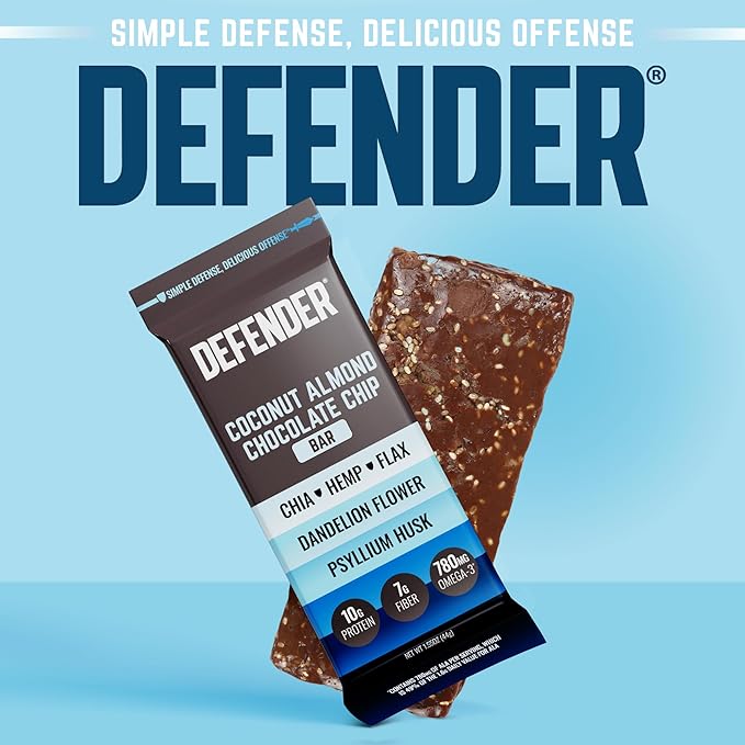 Defender Vegan Protein Bar, Coconut Almond Chocolate Chip, Plant Based Snack Breakfast Bars, Psyllium Husk, High Fiber, Non GMO, Kosher, No Stevia & Sugar Alcohols, 12 Bars, Holiday Gift Item, Stocking Stuffer