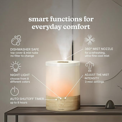 Homedics Cool Mist Ultrasonic Humidifier, 8-Colors Night Light, 0.66 Gal Top-Fill Tank, 24Hr Runtime, 3 Mist Settings, 360° Mist for 329 sq ft Rooms, Aromatherapy, Clean Tank Tech, Auto Shutoff