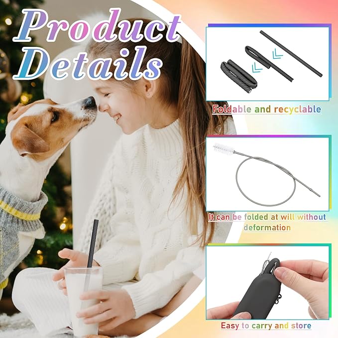 Meanplan 4 Sets Cruise Ship Essentials,4 Set Silicone Straws with Case Reusable Silicone Portable Drinking Straw Set for Party Travel Cold or Hot with 4 Carry Case, 4 Cleaning Brushes (Black)