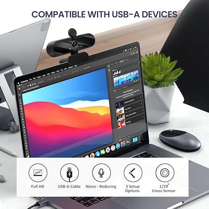 USB HD 1080P Video Webcam and Wide Angle Camera with Built-in Microphone and Rotatable Tripod,for Laptop Computer or Desktop PC,Great for Live Streaming.Calls.Video Conferencing(Grey)