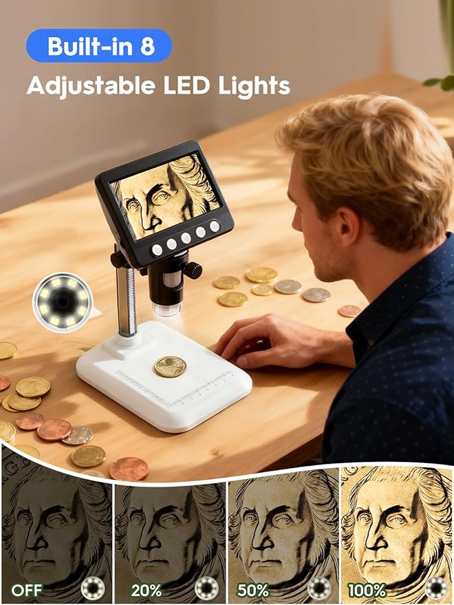 Coin Microscope for Error Coins, 4.3 inches 1080P LCD Digital Microscope, 50x-1000x Magnifier with 8 Adjustable LED Lights, PC View, Compatible with MacOS Windows for Adults Kids