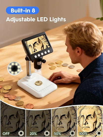 Coin Microscope for Error Coins, 4.3 inches 1080P LCD Digital Microscope, 50x-1000x Magnifier with 8 Adjustable LED Lights, PC View, Compatible with MacOS Windows for Adults Kids