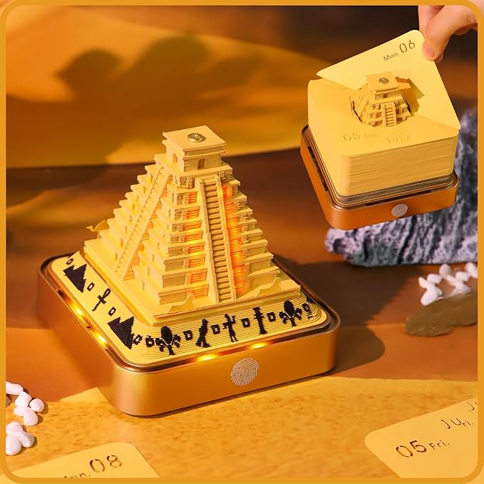 3D Time Piece Calendar 2026 DIY Calendars Tear Away Carving Art 3D Memo Pad Calendar With LED Lights sculpture artsy pads calendar notepad for Desktop Decor-Pyramid