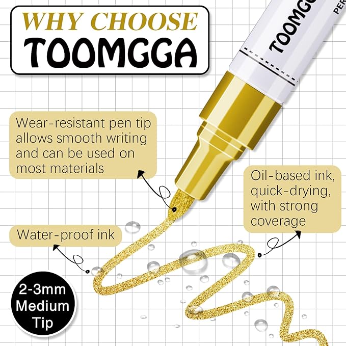 Gold Paint Pens Permanent Paint Markers 12 Pack Oil Based Markers, Quick Drying and Waterproof Marker Pen, Car Tire, Metal, Rock Painting, Wood, Ceramic, Plastic, Canvas, Mugs, Medium Tip