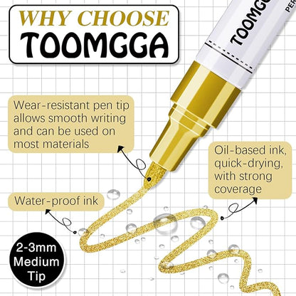 Gold Paint Pens Permanent Paint Markers 12 Pack Oil Based Markers, Quick Drying and Waterproof Marker Pen, Car Tire, Metal, Rock Painting, Wood, Ceramic, Plastic, Canvas, Mugs, Medium Tip