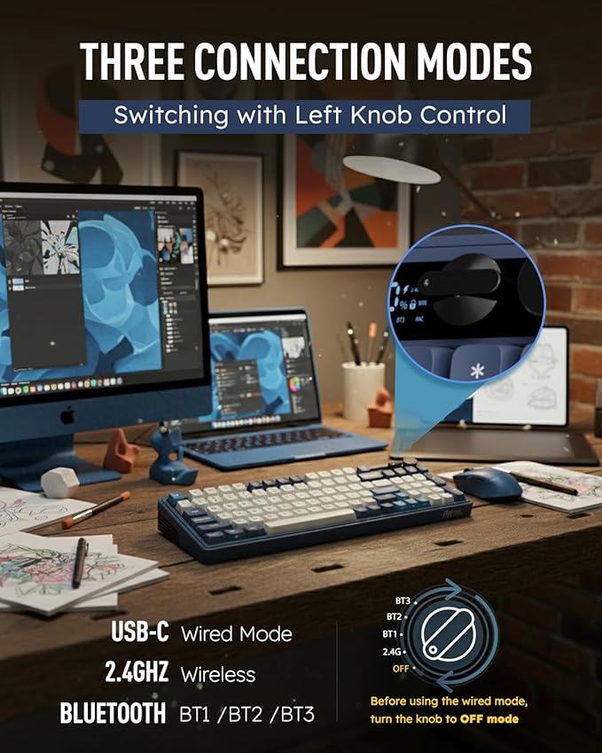RK ROYAL KLUDGE M100 Wireless Mechanical Keyboard w/Screen & Dual Knobs, Tri-Mode Gasket Mount Gaming Keyboard with Number Pad, Hot Swappable Cream Switch, Blue