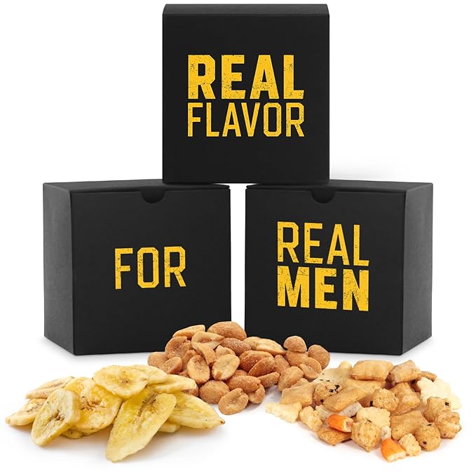 Mens Nut Gifts Box, Featuring Spicy Peanuts, Rice Crackers and Banana Chips in 3 Cube Boxes, Ideal Gift for Men.