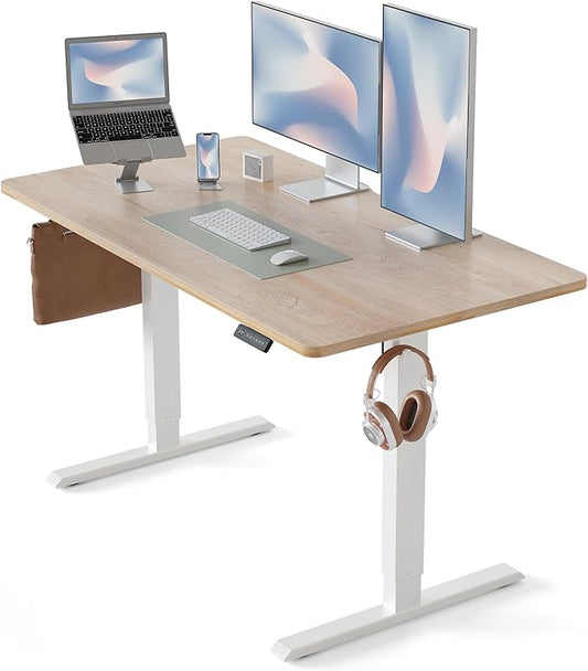 FEZIBO Standing Desk, 55×28 Inches Electric Height Adjustable, Sit Stand Up Table, Computer Office Desk with Splice Board, While Frame/Maple TOP