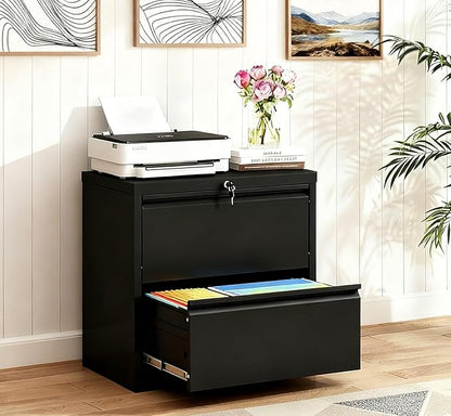 2-Drawer Lateral File Cabinet with Lock, Black Metal Filing Cabinet for Office or Home – Secure Storage for Letter/Legal/A4/F4 Documents, Easy to Assemble Locking File Organizer (Black, 2 Drawer-26"W)