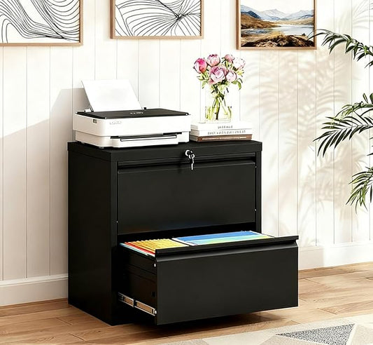 2-Drawer Lateral File Cabinet with Lock, Black Metal Filing Cabinet for Office or Home – Secure Storage for Letter/Legal/A4/F4 Documents, Easy to Assemble Locking File Organizer (Black, 2 Drawer-26"W)