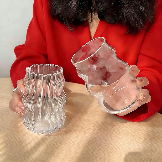 2 Pcs Ribbed Glass Cups, 18 oz Aesthetic Drinking Glasses for Coffee, Iced Drinks, Matcha - Wavy Design Glassware