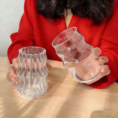 2 Pcs Ribbed Glass Cups, 18 oz Aesthetic Drinking Glasses for Coffee, Iced Drinks, Matcha - Wavy Design Glassware