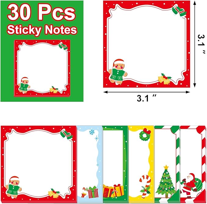 30 Pack Christmas Sticky Notes- 600 Sheets Xmas Notepads for Adult Appreciation Gifts Holiday Notes Message Reminder School Supplies