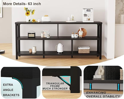 IBF 63” Black Bookshelf, Industrial Long Open Horizontal Cube Book Shelf, Low Wide Home 5 Cube Storage Organizer Shelf for Bedroom, Wood and Metal Cubby Bookcase for Living Room, Black Oak, 63 Inch