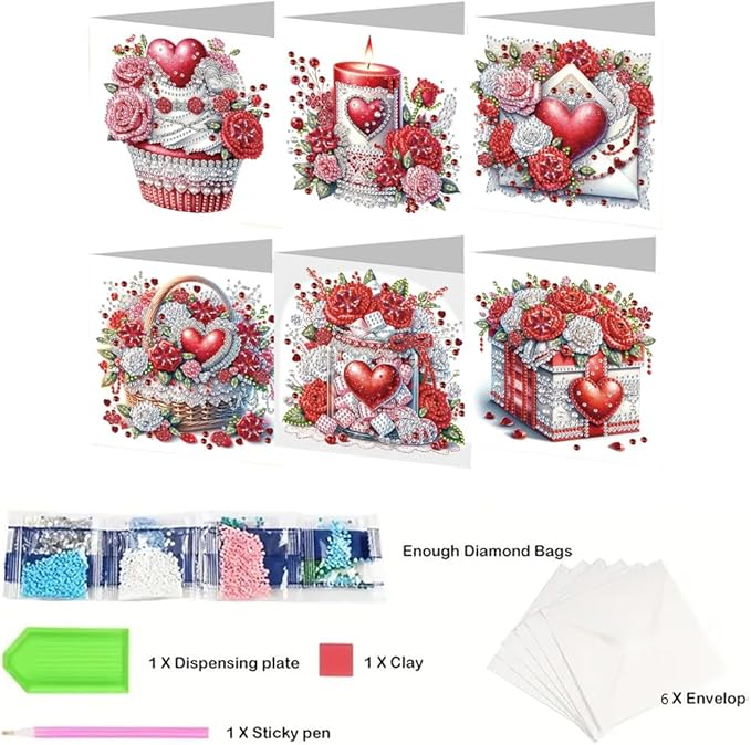 6pcs DIY Love Rose Gifts Diamond Art Painting Greeting Cards Kit with Envelopes, Rhinestone Craft Holiday Valentine's Day Birthday Card Gift Making Supplies for Girlfriend