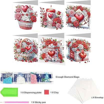 6pcs DIY Love Rose Gifts Diamond Art Painting Greeting Cards Kit with Envelopes, Rhinestone Craft Holiday Valentine's Day Birthday Card Gift Making Supplies for Girlfriend