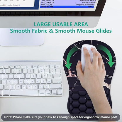 Mouse Pad Wrist Support, Ergonomic Mouse Pad with Wrist Rest, Comfortable Computer Mouse Pad for Laptop, Pain Relief Mousepad with Non-Slip PU Base Black Gold Marble
