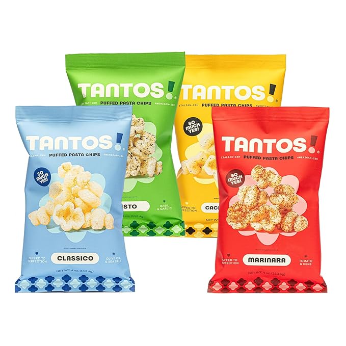 Tantos! Puffed Pasta Chips, Healthy Pasta Snack by Top Chef Joe Sasto, As Seen on Shark Tank, Plant Based, Low Calorie, Crunchy Chips, Variety Pack, Marinara, Pesto, Cacio e Pepe, Classico, Gourmet Bold Flavors, 1oz 24 Pack 6 of Each Flavor, Variety