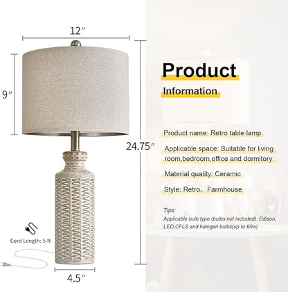 24.75'' Farmhouse Cream-White Ceramic Single Table Lamp for Bedroom Living Room Vintage Traditional Rustic Modern Nightstand Bedside Lamps