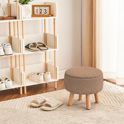 Poofzy Small Ottoman with Storage, Small Foot Stool Ottoman with Wood Legs, Sherpa Foot Rest for Couch, Living Room and Bedroom - Brown