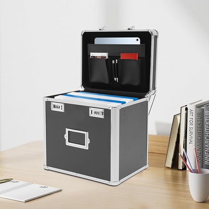 Storage File Boxes, Locking File Organizer Box, 13.5” Portable with Handle, Large Capacity Combination Box, Lockable File Cabinet, Secure Document Box for Letters, Office