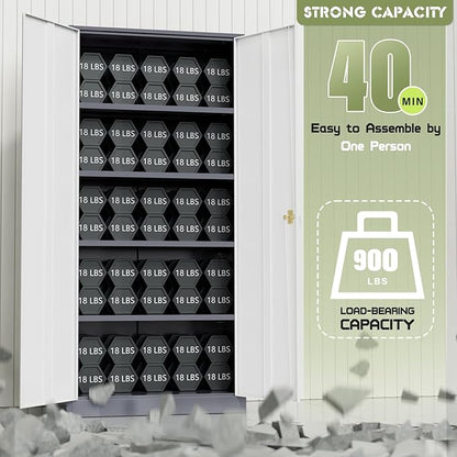SUNCROWN 72" Metal Storage Cabinet - Heavy-Duty Metal Garage Cabinet with 4 Adjustable Shelves & 2 Doors for Tools, Office, Home, Workshop,Grey & White