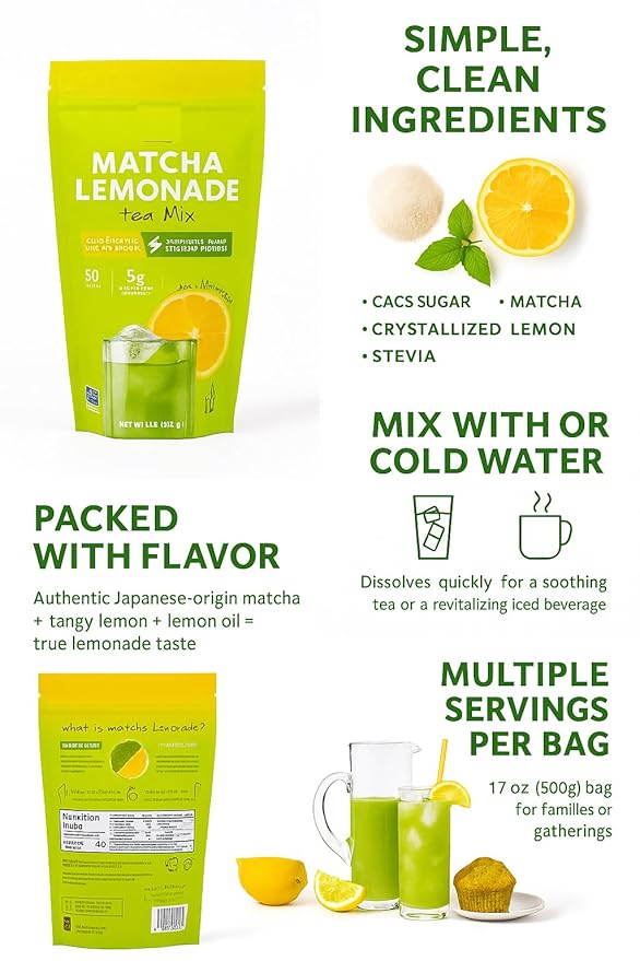 Naturals Instant Matcha Lemonade Tea Mix – Japanese Green Tea Powder with Real Crystallized Lemon Juice, Just Add Water, Enjoy Hot or Iced, Non-GMO, Vegan, Gluten-Free, 17 oz