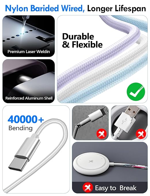 2Pack Multi Charging Cable Cord for Travel Essentials,Apple Watch Charger,iPhone Charger,[3-in-2] Type C/Lightning Cable Portable Designed for iWatch,iPhone 17-8,Galaxy S25-21,AirPods,iPad-1.5M White