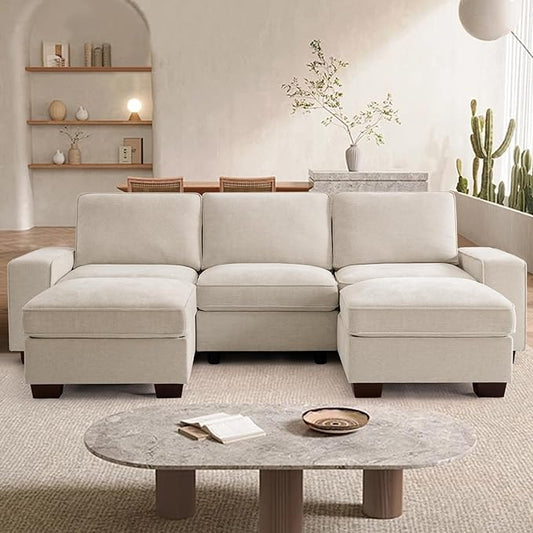 TEKAMON 100" Modular Sectional Sofa with Seats Storage, U Shaped Couch with Movable Ottomans, Chenille Fabric Couch for Living Room, USB Port, Removable Cover(Beige, 3 Seater & 2 Ottomans- U Shape)