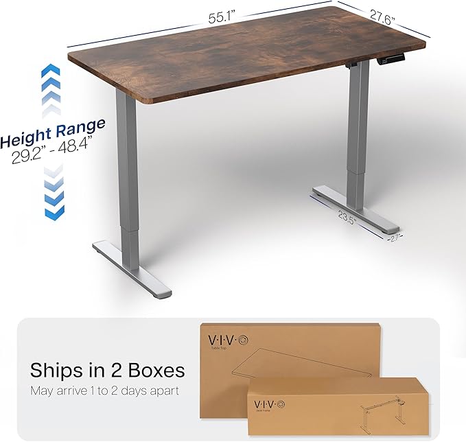 VIVO Electric 55 x 28 in Standing Desk, Memory Height Adjustment, 1B Series, One-Piece Rustic Vintage Brown Top, Gray Frame, DESK-KIT-1G55N