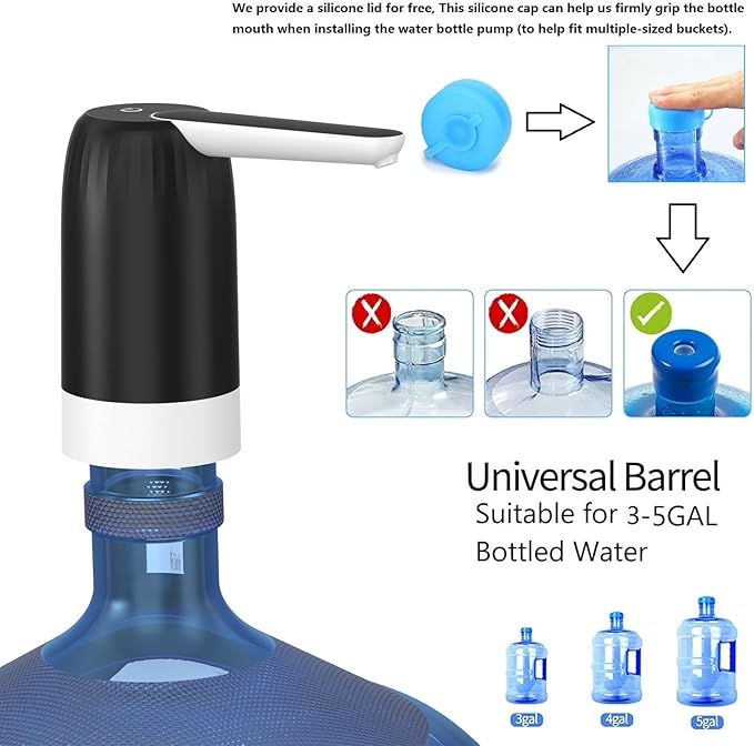Myvision 5 Gallon Jug Drinking Water Dispenser, Portable Water Dispenser fro 3 Gallon Bottle, USB Electric Water Bottle Pump, 2-5 Gallon Water Jug Switch-Black