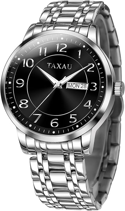 Stainless Steel Mens Watches with Day Date Quartz Analog Large Face Classic Watch Arabic Numerals Dress Luminous Rlojes para Hombres